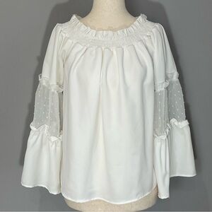 Blue Rain Blouse Size M White Long Flaired Sleeved Swiss Dot Smocked Neckline